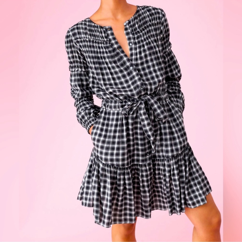 Rebecca Taylor La Vie Plaid Shirred Long sleeve Jewel‎ Neck Midi Dress